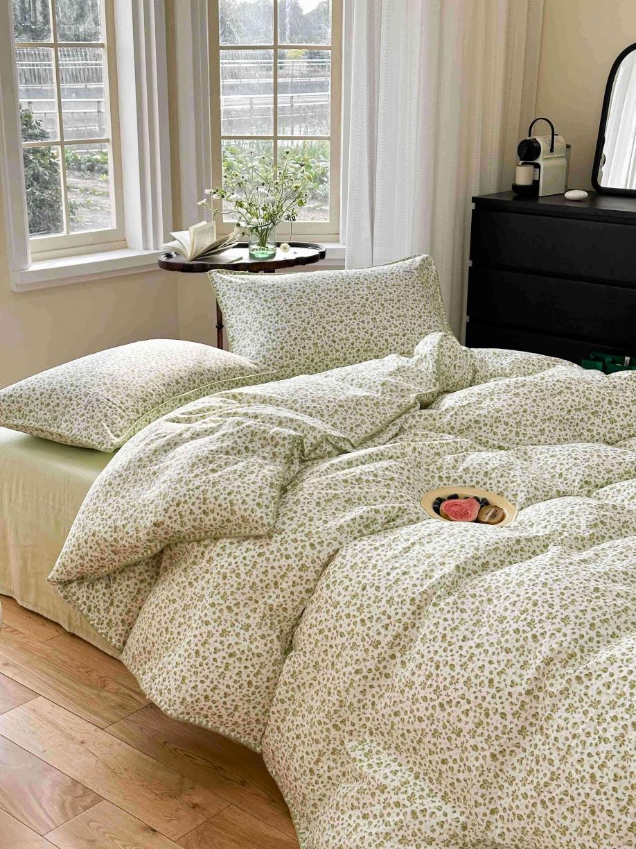 91家纺网 家纺一手货源 找家纺 洋铭区 2023新款双层纱四件套系列 绿花小樱