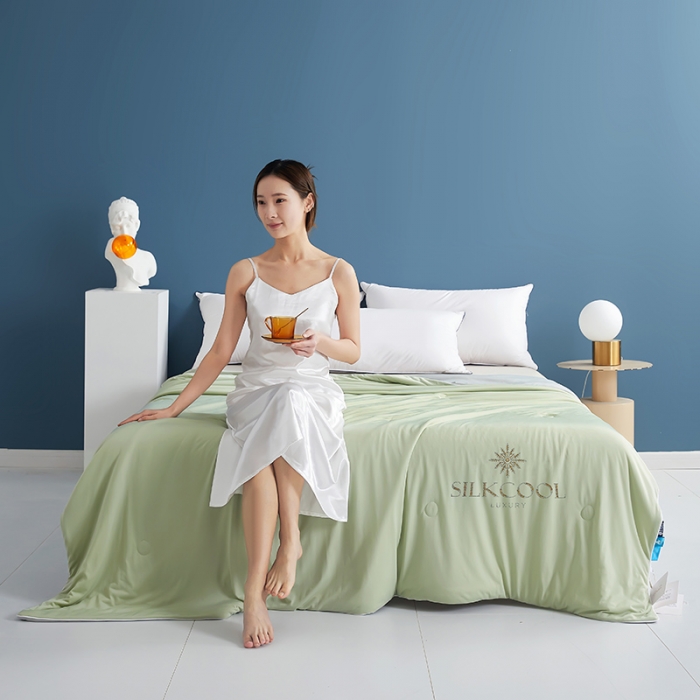 91家纺网 家纺一手货源 找家纺 伊被源 新款弹力凉感丝夏被烫钻包边空调被单人双人夏被礼盒装-缪斯 缪斯-薄荷绿