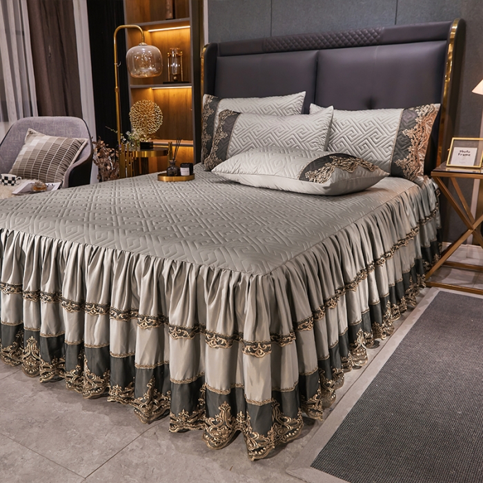 91家纺网 家纺一手货源 找家纺 罗艺轩 2024新款贡缎提花夹棉床裙尊享系列四件套冰灿银