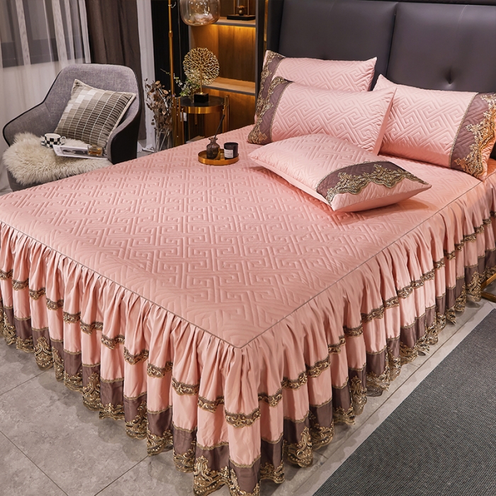 91家纺网 家纺一手货源 找家纺 罗艺轩 2024新款贡缎提花夹棉床裙尊享系列四件套凝脂玉