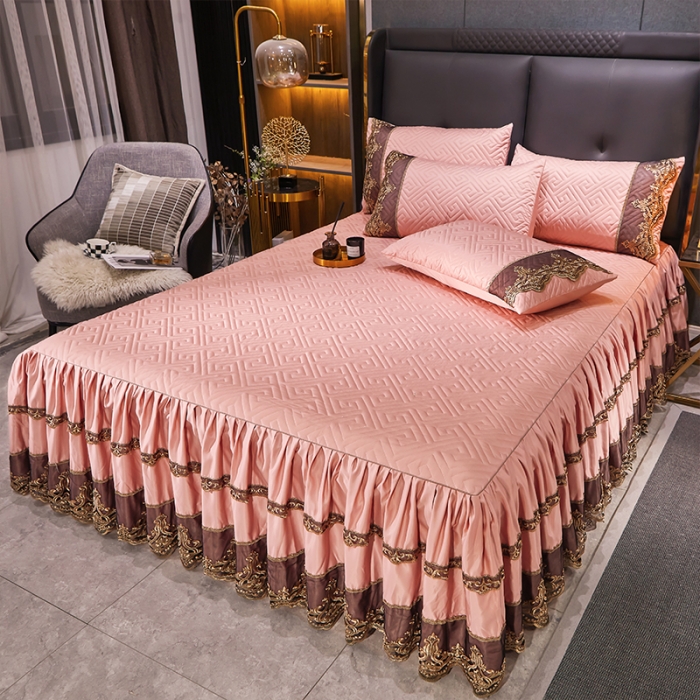 91家纺网 家纺一手货源 找家纺 罗艺轩 2024新款贡缎提花夹棉床裙尊享系列四件套凝脂玉