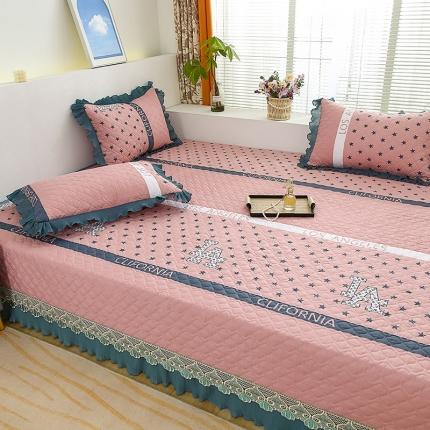 91家纺网 家纺一手货源 找家纺 冬然 2023新款全棉防滑榻榻米垫子炕垫纯棉床盖三件套 粉色星星