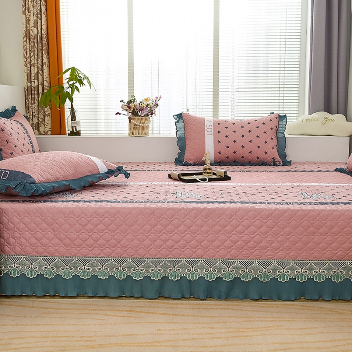 91家纺网 家纺一手货源 找家纺 冬然 2023新款全棉防滑榻榻米垫子炕垫纯棉床盖三件套 粉色星星