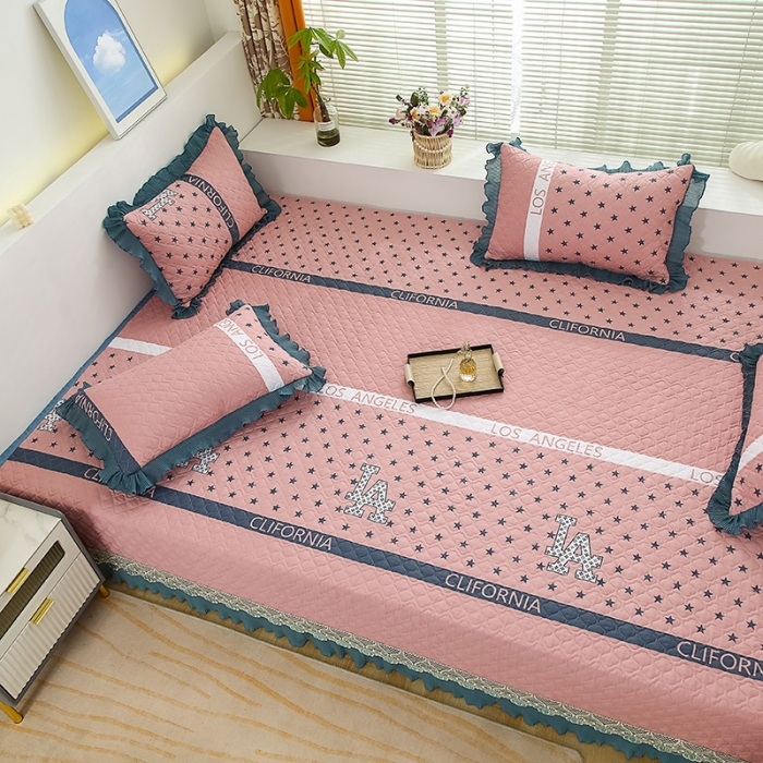 91家纺网 家纺一手货源 找家纺 冬然 2023新款全棉防滑榻榻米垫子炕垫纯棉床盖三件套 粉色星星