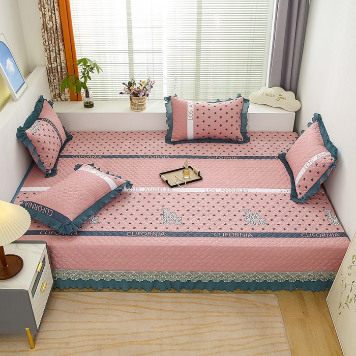 91家纺网 家纺一手货源 找家纺 冬然 2023新款全棉防滑榻榻米垫子炕垫纯棉床盖三件套 粉色星星