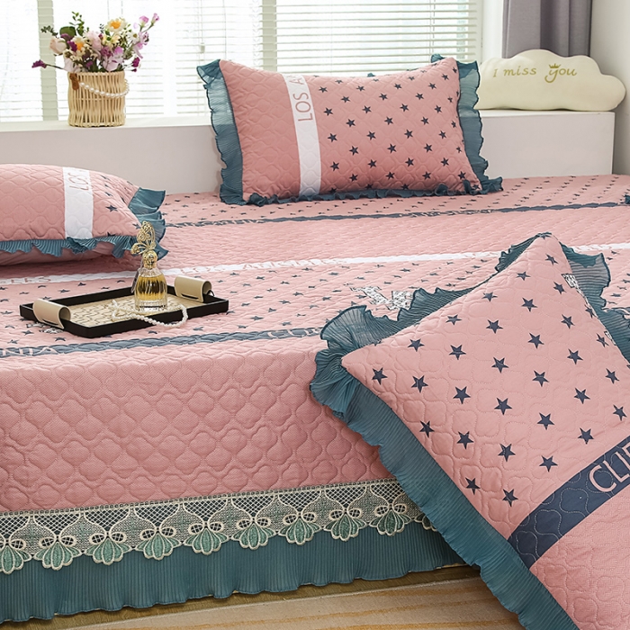 91家纺网 家纺一手货源 找家纺 冬然 2023新款全棉防滑榻榻米垫子炕垫纯棉床盖三件套 粉色星星