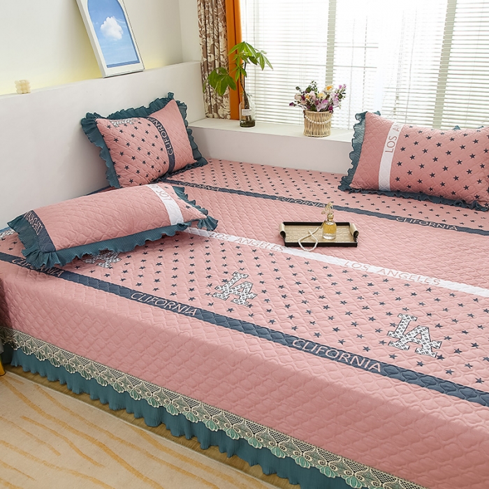 91家纺网 家纺一手货源 找家纺 冬然 2023新款全棉防滑榻榻米垫子炕垫纯棉床盖三件套 粉色星星