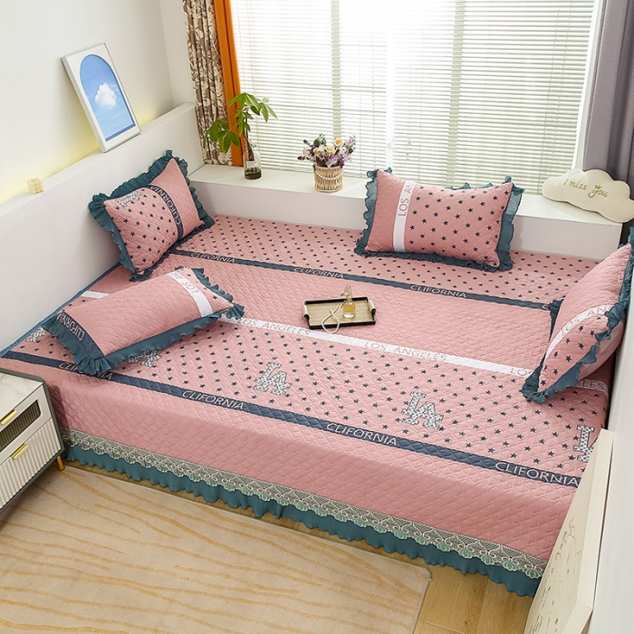 91家纺网 家纺一手货源 找家纺 冬然 2023新款全棉防滑榻榻米垫子炕垫纯棉床盖三件套 粉色星星