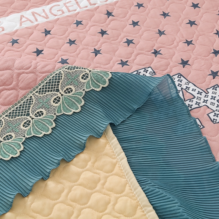 91家纺网 家纺一手货源 找家纺 冬然 2023新款全棉防滑榻榻米垫子炕垫纯棉床盖三件套 粉色星星