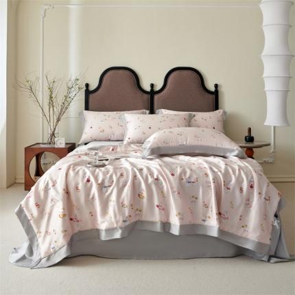 91家纺网 家纺一手货源 找家纺 2023新款印花天丝夏被四件套 萌兔 粉