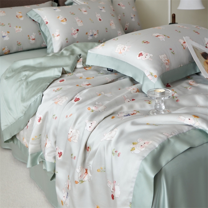 91家纺网 家纺一手货源 找家纺 2023新款印花天丝夏被四件套 萌兔 绿