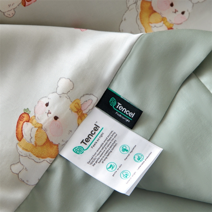 91家纺网 家纺一手货源 找家纺 2023新款印花天丝夏被四件套 萌兔 绿