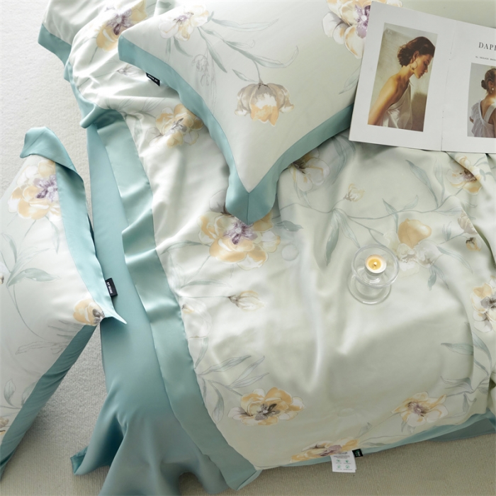 91家纺网 家纺一手货源 找家纺 2023新款印花天丝夏被四件套 音雅 绿