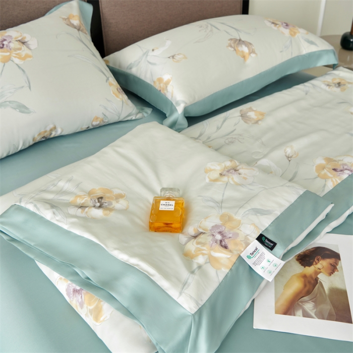 91家纺网 家纺一手货源 找家纺 2023新款印花天丝夏被四件套 音雅 绿