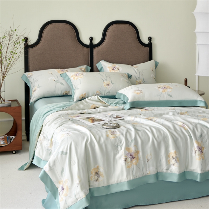 91家纺网 家纺一手货源 找家纺 2023新款印花天丝夏被四件套 音雅 绿