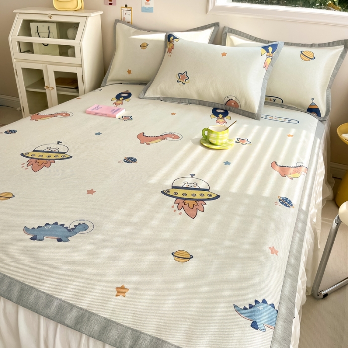 91家纺网 家纺一手货源 找家纺 懒猫 2024新款250D宽边圆网数码印花冰丝席 恐龙时代