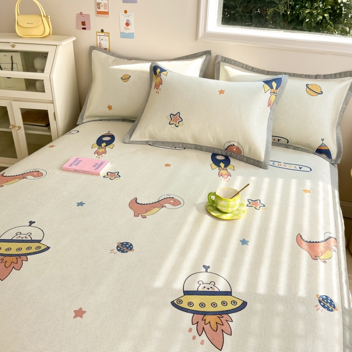 91家纺网 家纺一手货源 找家纺 懒猫 2024新款250D宽边圆网数码印花冰丝席 恐龙时代