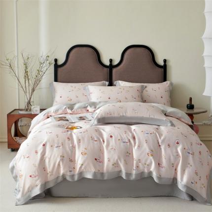 91家纺网 家纺一手货源 找家纺 2023新款印花天丝四件套 萌兔 粉