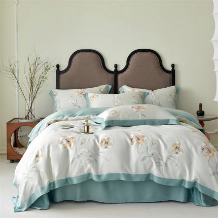 91家纺网 家纺一手货源 找家纺 2023新款印花天丝四件套 音雅 绿