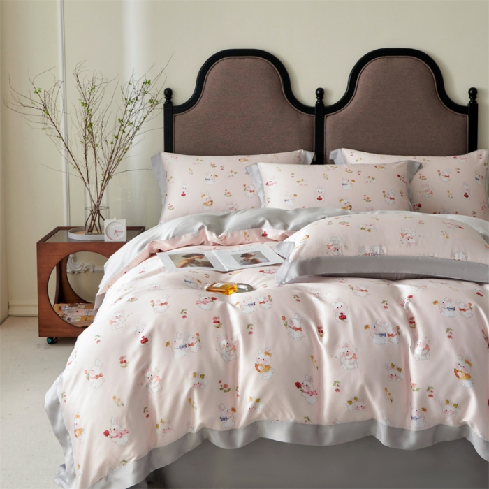 91家纺网 家纺一手货源 找家纺 2023新款印花天丝四件套 萌兔 粉