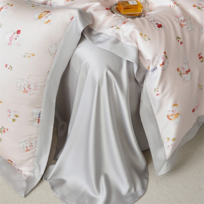 91家纺网 家纺一手货源 找家纺 2023新款印花天丝四件套 萌兔 粉