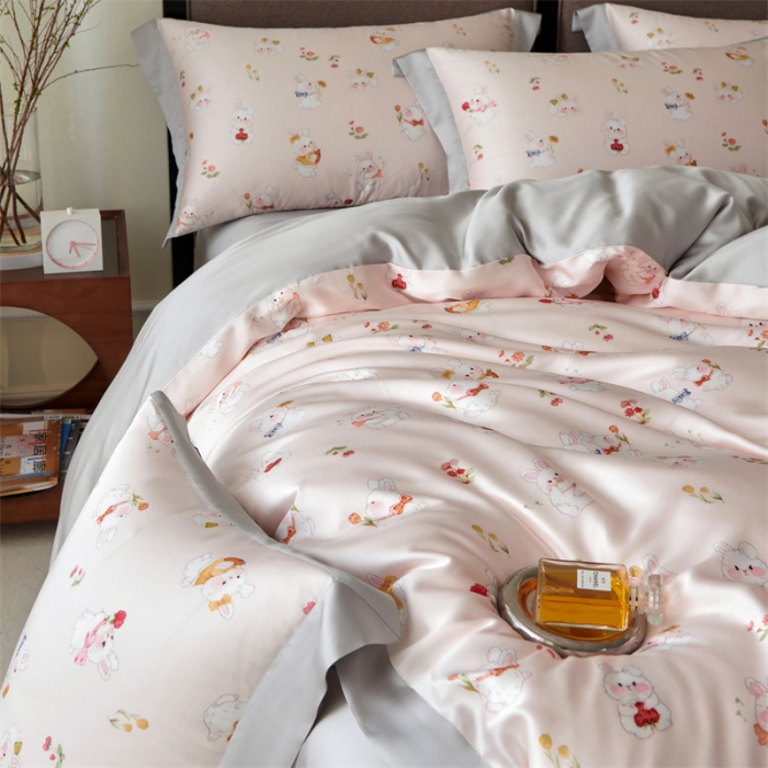 91家纺网 家纺一手货源 找家纺 2023新款印花天丝四件套 萌兔 粉