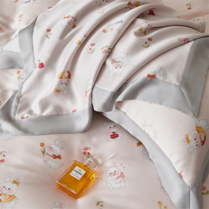 91家纺网 家纺一手货源 找家纺 2023新款印花天丝四件套 萌兔 粉