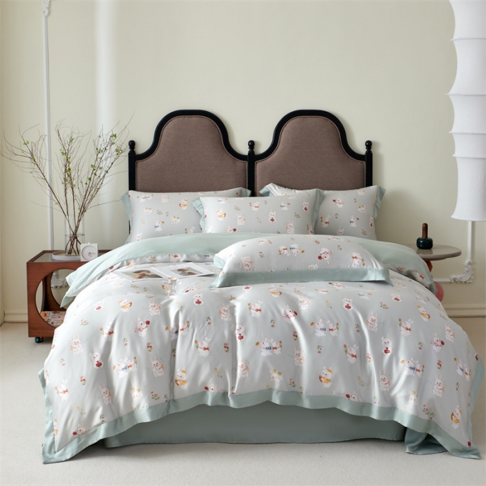 91家纺网 家纺一手货源 找家纺 2023新款印花天丝四件套 萌兔 绿