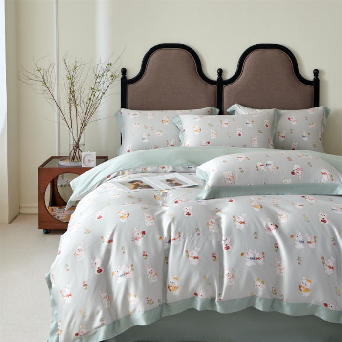 91家纺网 家纺一手货源 找家纺 2023新款印花天丝四件套 萌兔 绿