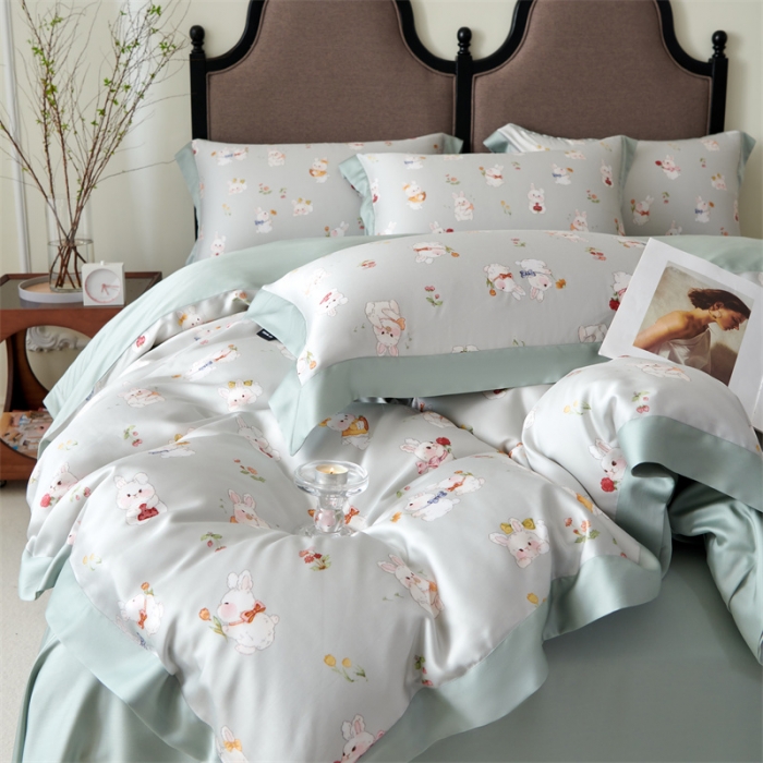 91家纺网 家纺一手货源 找家纺 2023新款印花天丝四件套 萌兔 绿