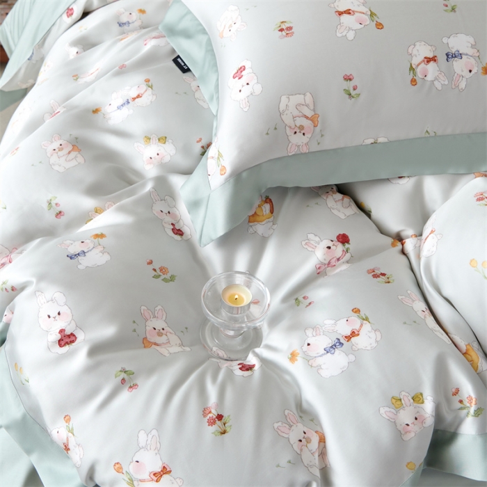 91家纺网 家纺一手货源 找家纺 2023新款印花天丝四件套 萌兔 绿