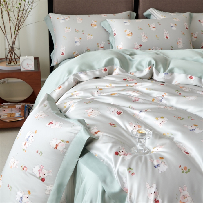 91家纺网 家纺一手货源 找家纺 2023新款印花天丝四件套 萌兔 绿