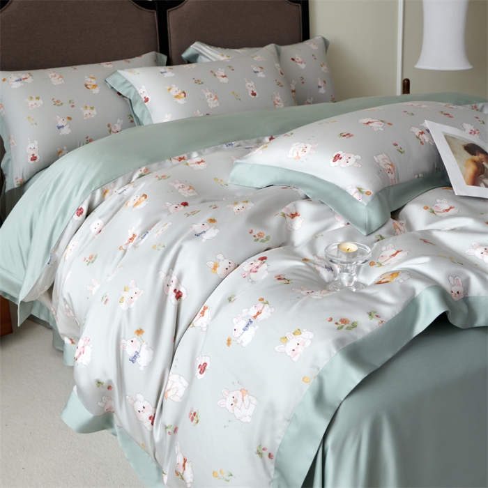 91家纺网 家纺一手货源 找家纺 2023新款印花天丝四件套 萌兔 绿