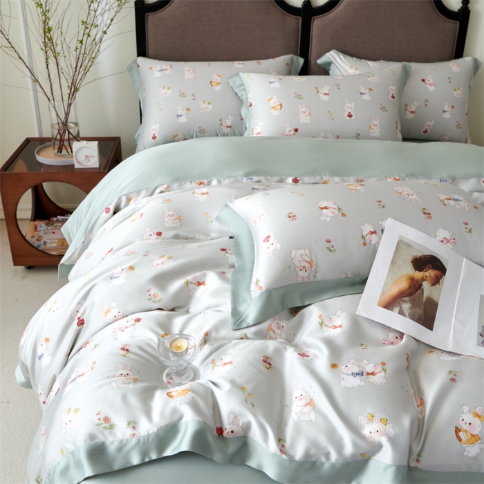 91家纺网 家纺一手货源 找家纺 2023新款印花天丝四件套 萌兔 绿