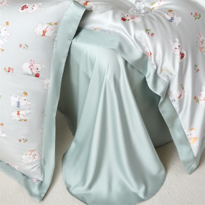 91家纺网 家纺一手货源 找家纺 2023新款印花天丝四件套 萌兔 绿