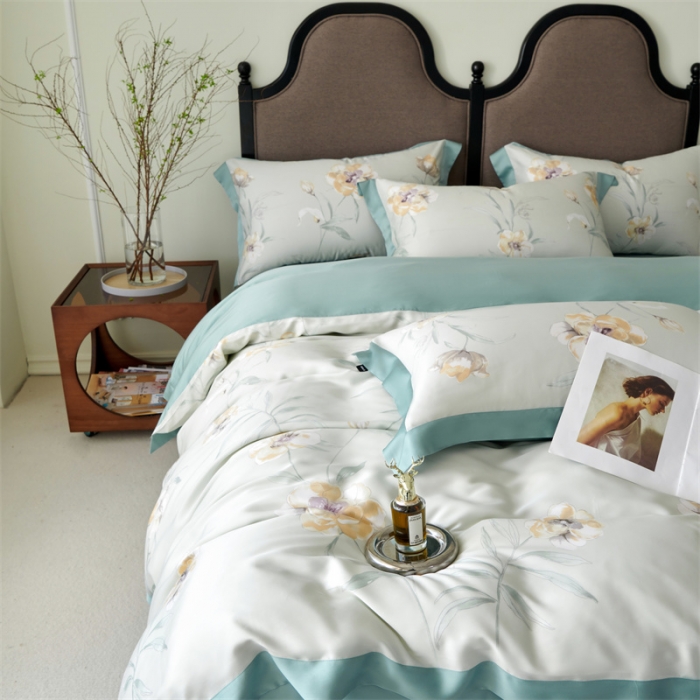 91家纺网 家纺一手货源 找家纺 2023新款印花天丝四件套 音雅 绿