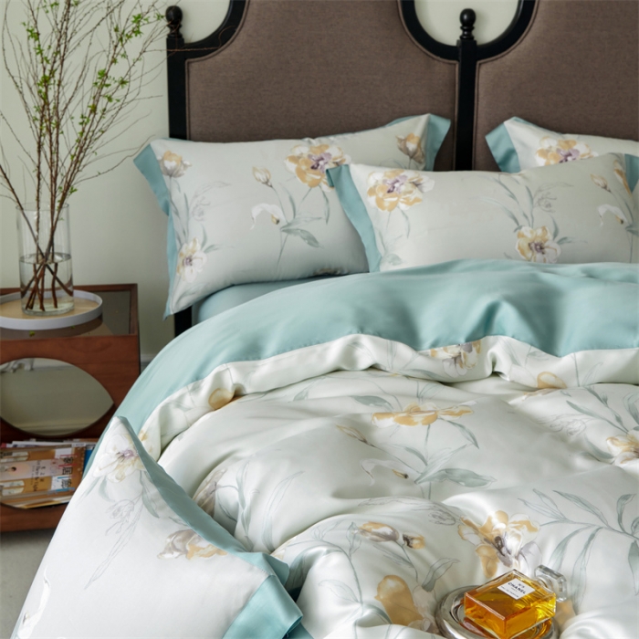 91家纺网 家纺一手货源 找家纺 2023新款印花天丝四件套 音雅 绿