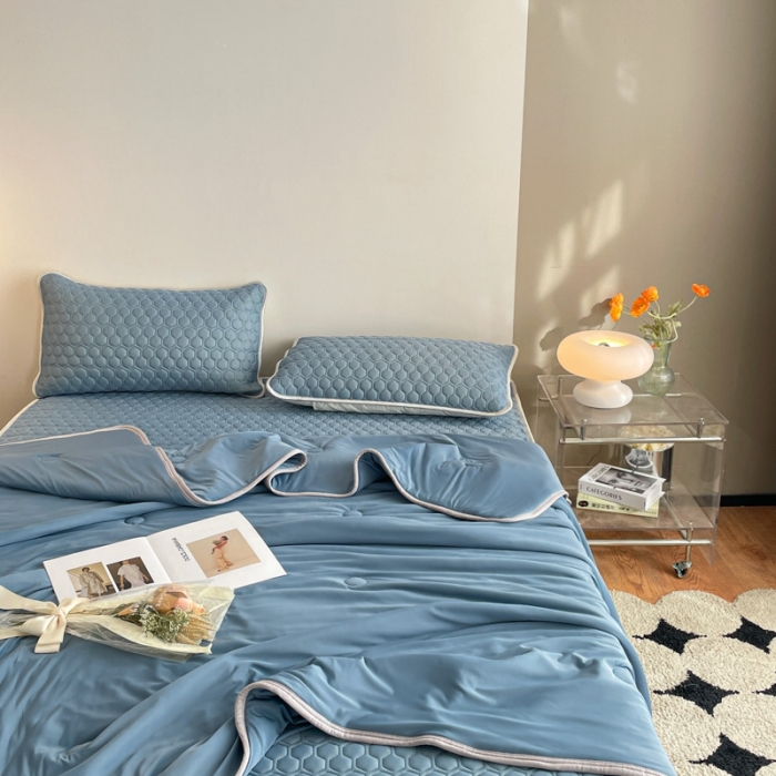 91家纺网 家纺一手货源 找家纺 欧邦  新款纯色凉感丝乳胶床笠款夏被四件套 藏蓝