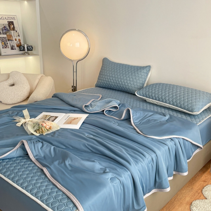 91家纺网 家纺一手货源 找家纺 欧邦  新款纯色凉感丝乳胶床笠款夏被四件套 藏蓝