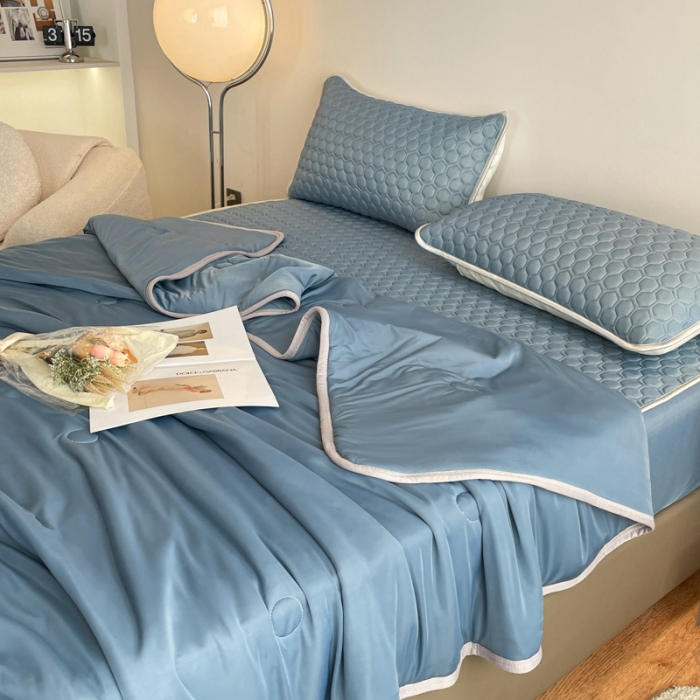 91家纺网 家纺一手货源 找家纺 欧邦  新款纯色凉感丝乳胶床笠款夏被四件套 藏蓝