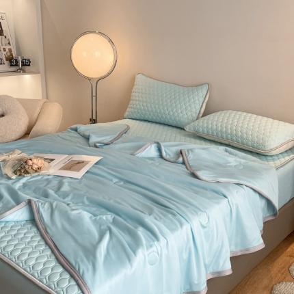 91家纺网 家纺一手货源 找家纺 欧邦  新款纯色凉感丝乳胶床笠款夏被四件套 湖蓝