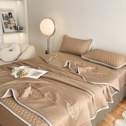 91家纺网 家纺一手货源 找家纺 欧邦  新款纯色凉感丝乳胶床笠款夏被四件套 蜜茶色