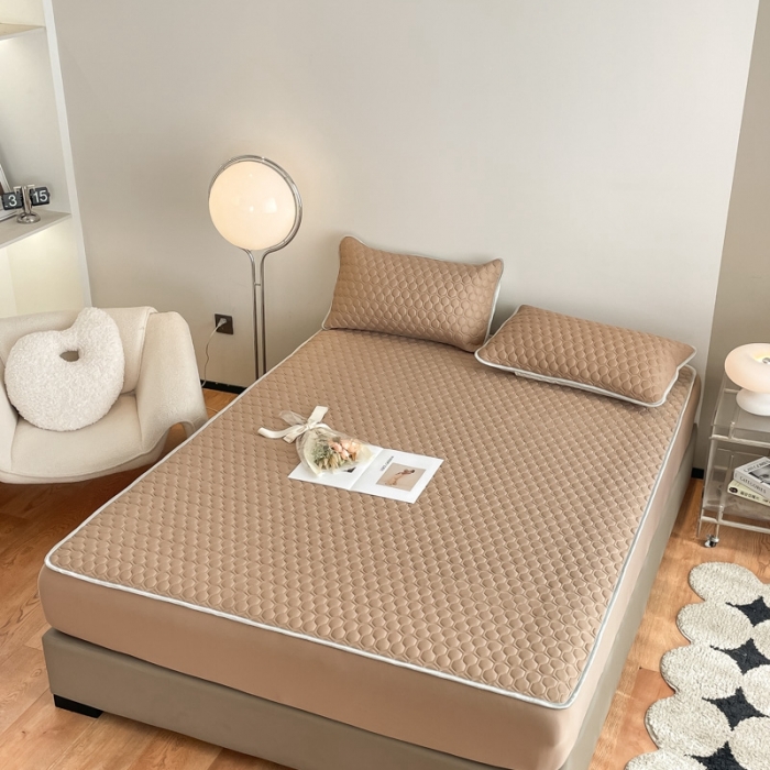 91家纺网 家纺一手货源 找家纺 欧邦  新款纯色凉感丝乳胶床笠款夏被四件套 蜜茶色