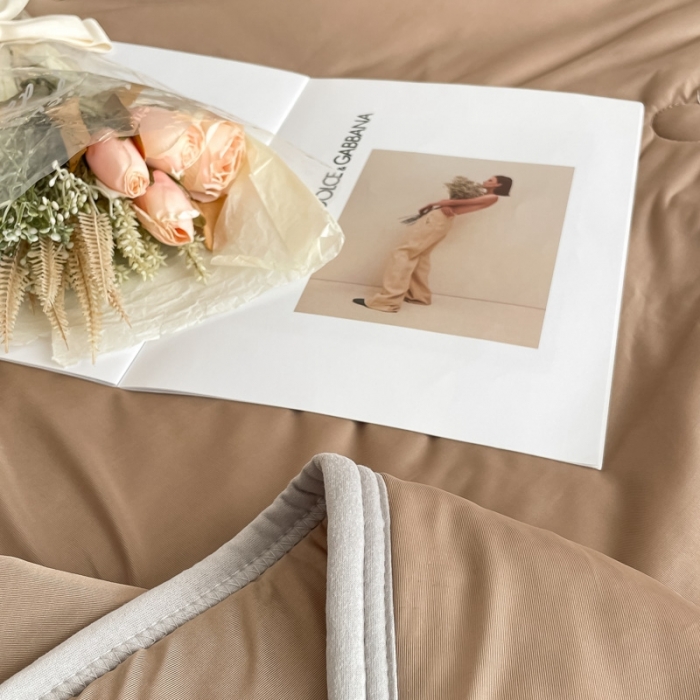 91家纺网 家纺一手货源 找家纺 欧邦  新款纯色凉感丝乳胶床笠款夏被四件套 蜜茶色