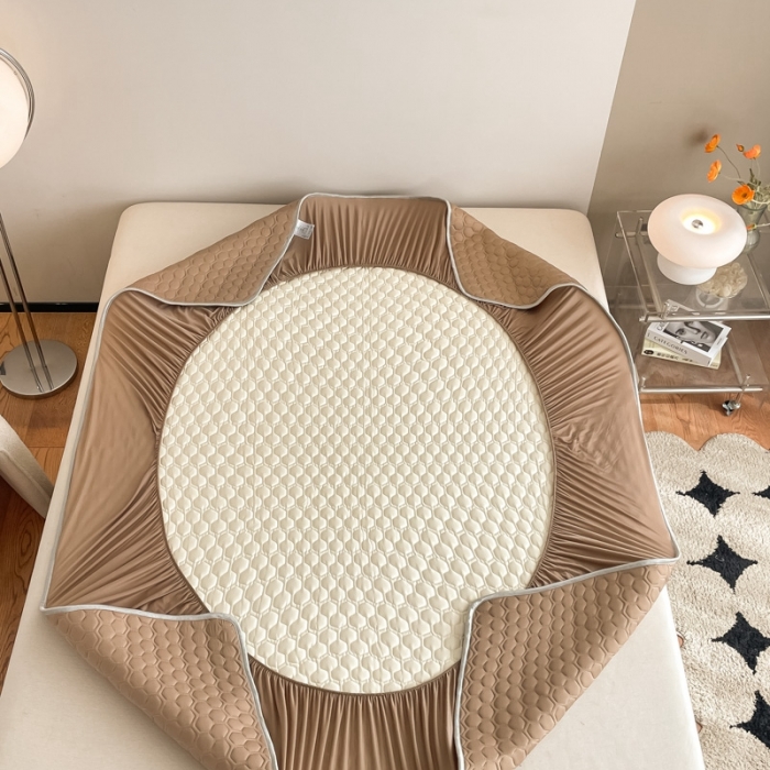 91家纺网 家纺一手货源 找家纺 欧邦  新款纯色凉感丝乳胶床笠款夏被四件套 蜜茶色