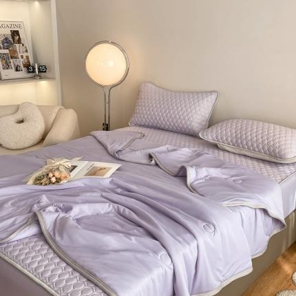 91家纺网 家纺一手货源 找家纺 欧邦  新款纯色凉感丝乳胶床笠款夏被四件套 浅紫