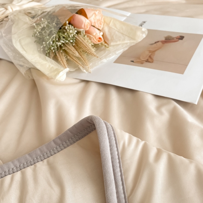 91家纺网 家纺一手货源 找家纺 欧邦  新款纯色凉感丝乳胶床笠款夏被四件套 杏色