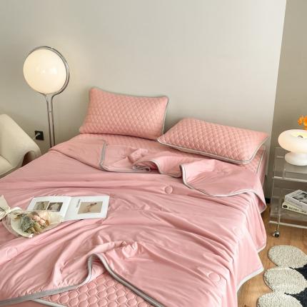 91家纺网 家纺一手货源 找家纺 欧邦  新款纯色凉感丝乳胶床笠款夏被四件套 樱花粉