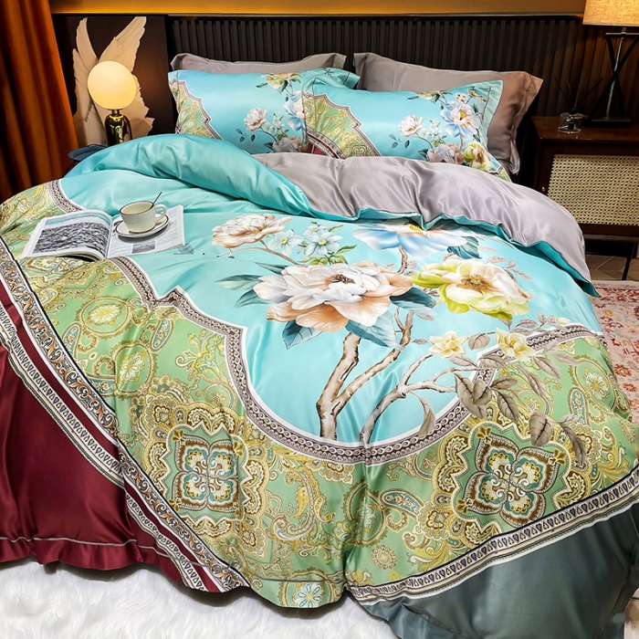 91家纺网 家纺一手货源 找家纺 梵克保罗 2024春夏新品天丝数码大版印花四件套 花香琉璃-红