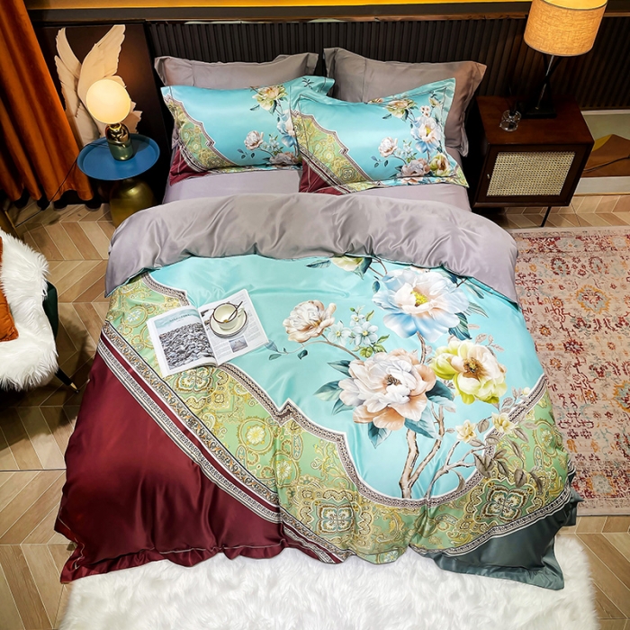 91家纺网 家纺一手货源 找家纺 梵克保罗 2024春夏新品天丝数码大版印花四件套 花香琉璃-红